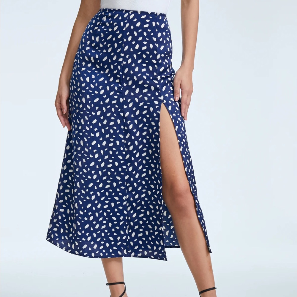 Commence | High Waisted Print Midi Skirt w/ Slit | Size Large